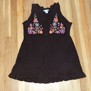 RXB Chocolate brown tunic sweater vest tank embroidered floral top